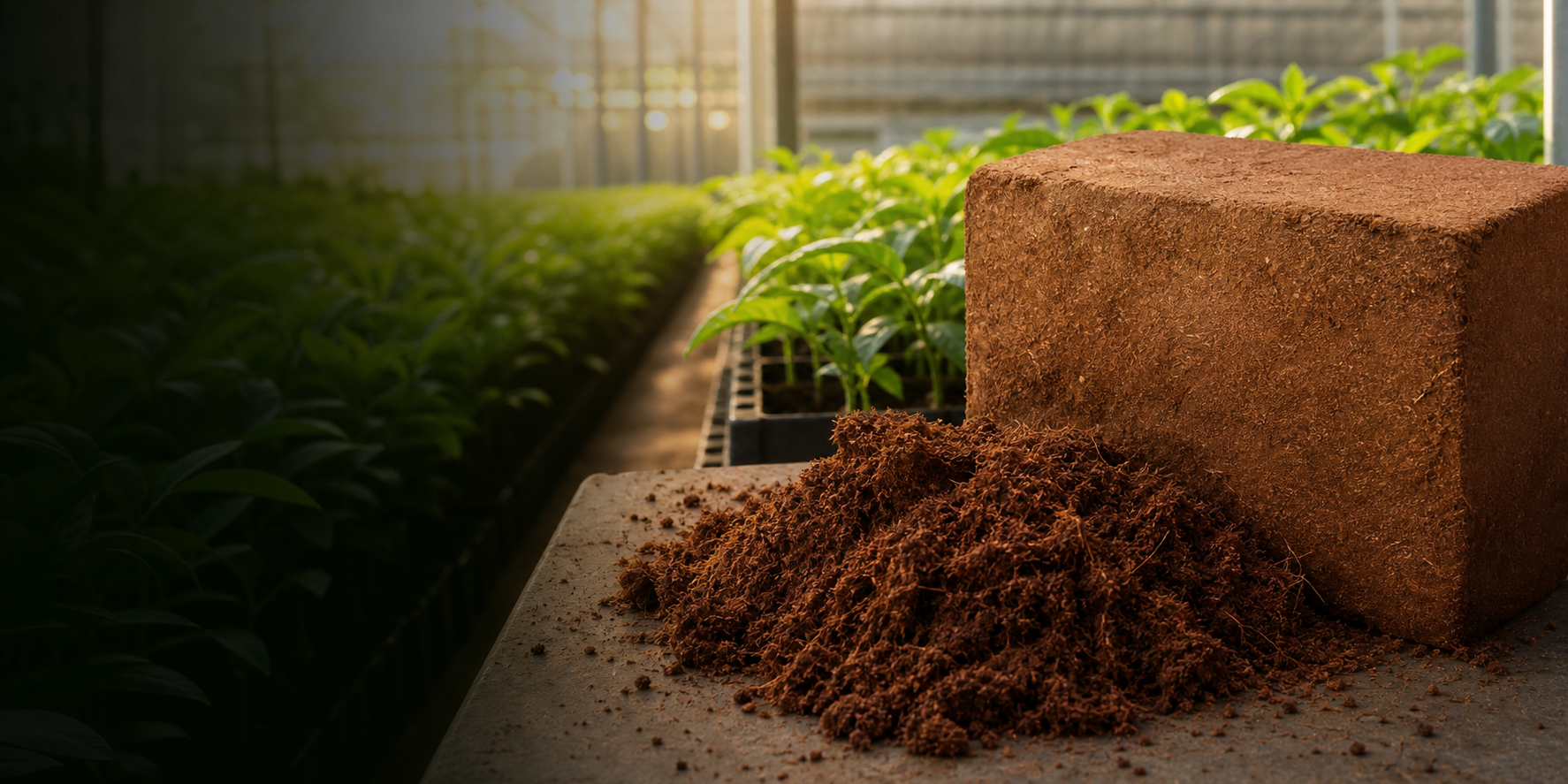 Compressed cocopeat block and loose coir pith in a thriving greenhouse